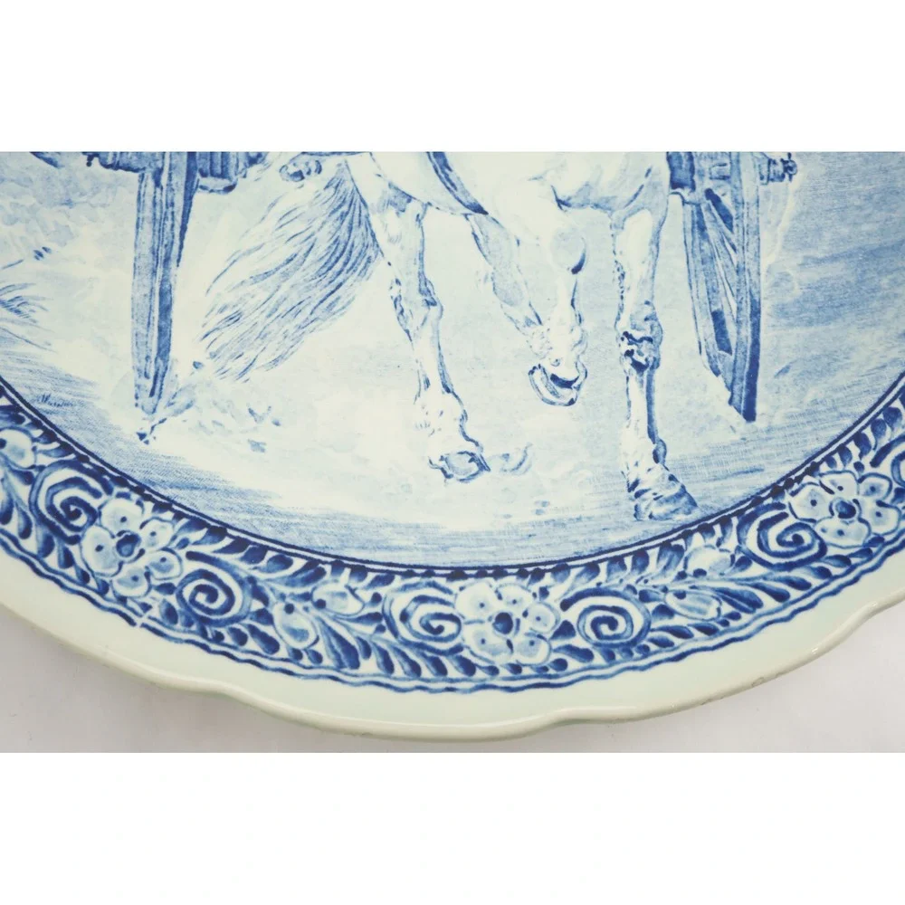 VGC Boch Freres Delfts Charger Plate Blue White Horse Carriage Scalloped Rim 16